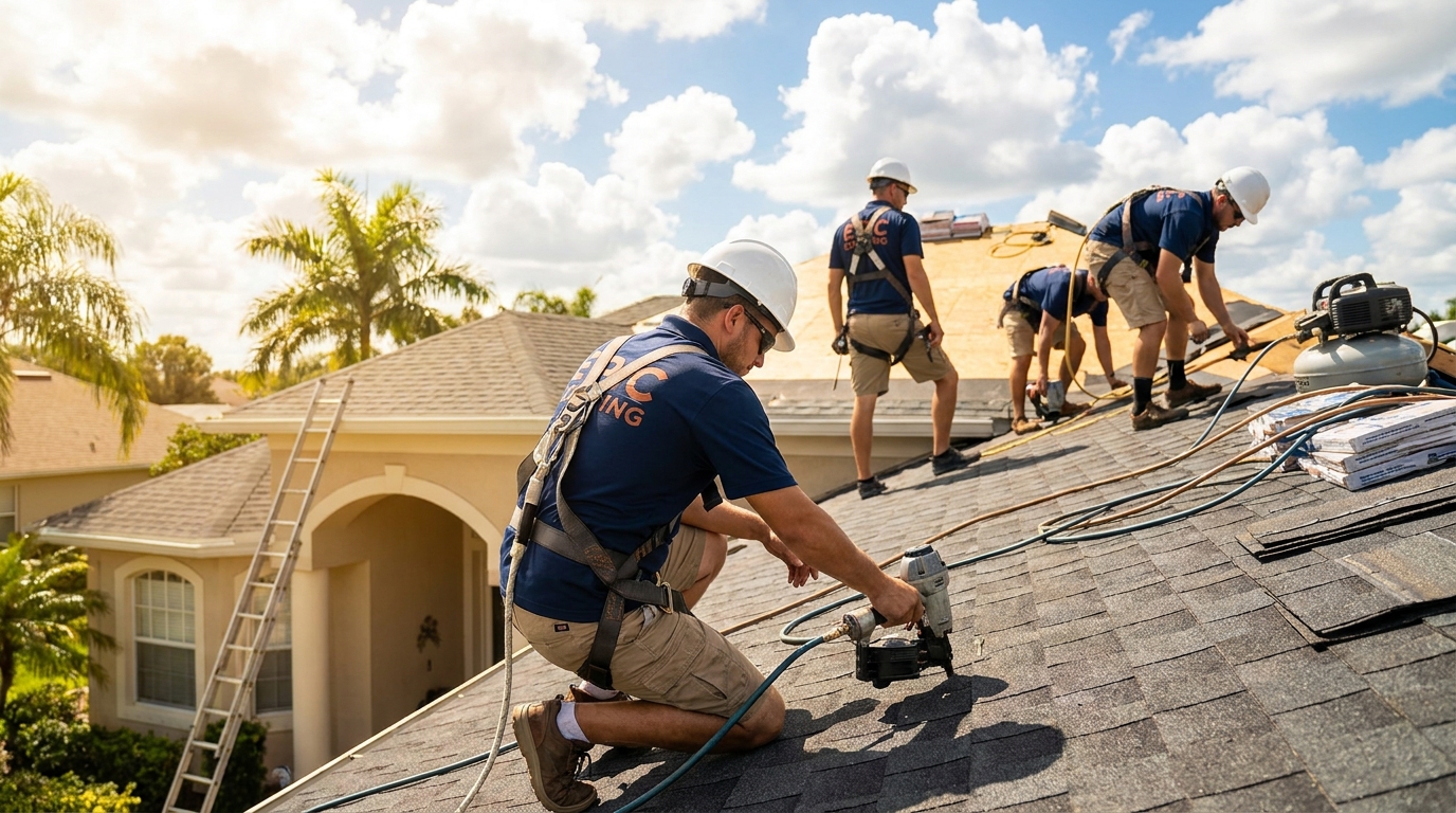 Roofing crew posing on a finished roof at the end of a long install day