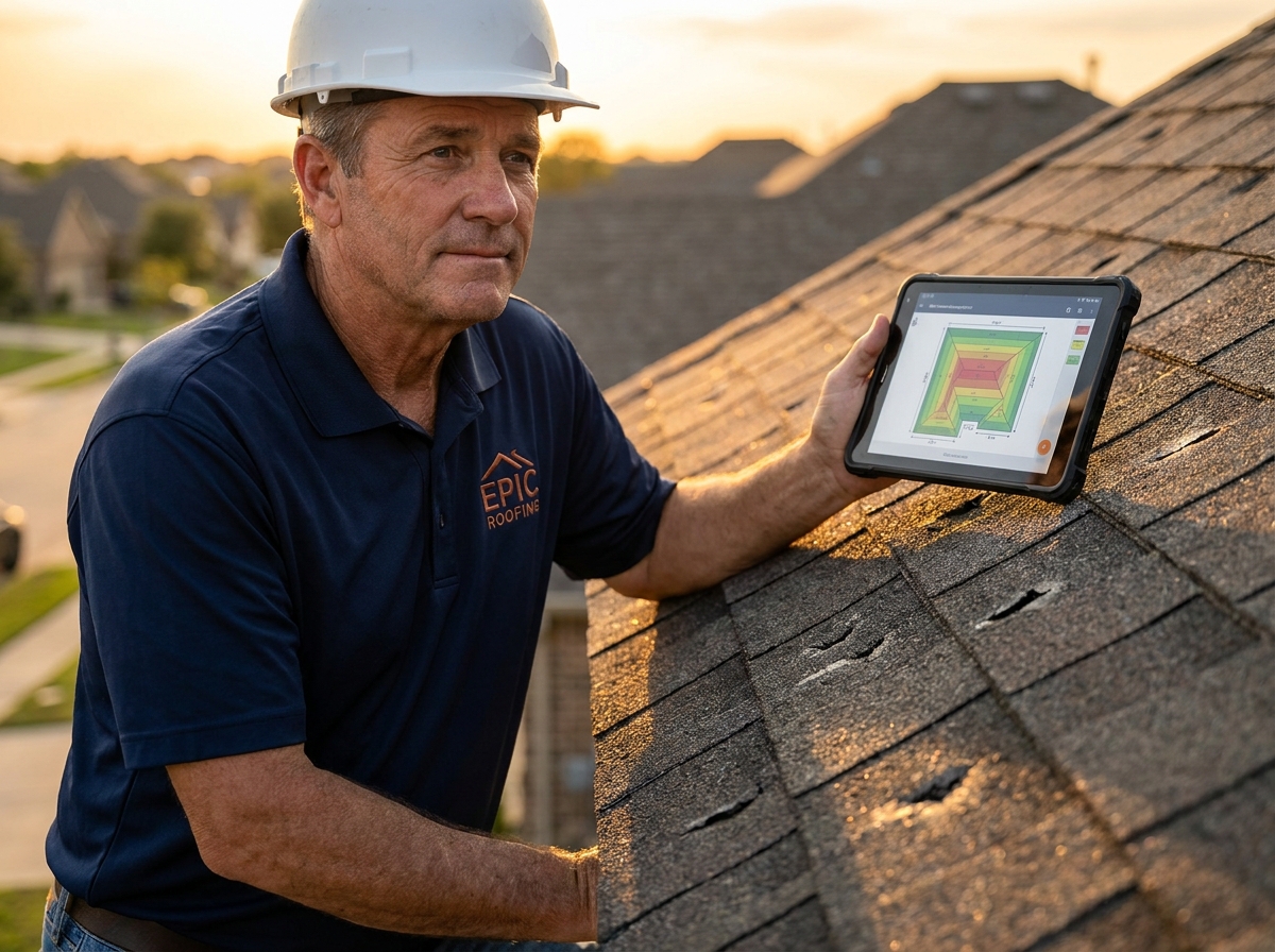 Roofing inspector taking photos of storm damage on a residential roof