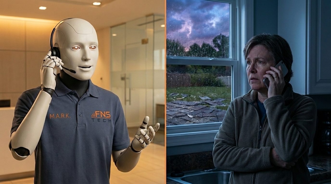A storm-night homeowner calling Apex Roofing while MARK answers from the FNS Tech operations center