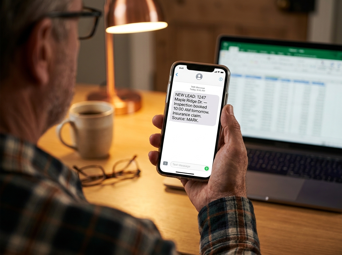 Roofing operator receiving a real-time SMS lead notification on their phone while at the dinner table