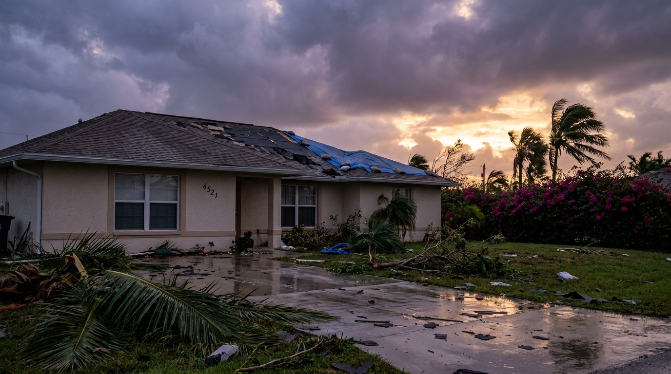 Storm-damaged single-family home at night with downed branches and debris in the yard
